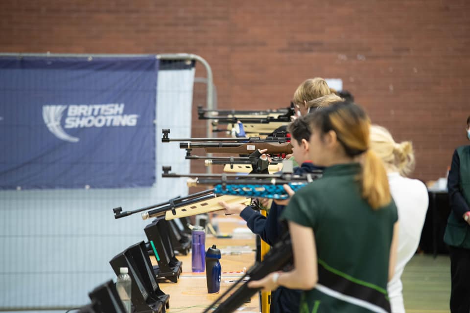 Athletes compete in the Sporter Air Rifle finals at the British Schools Airgun Championships.