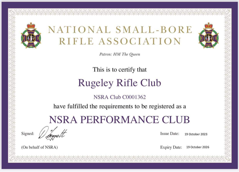 Scan of a certificate showing that Rugeley Rifle Club is registered as an NSRA Performance Club